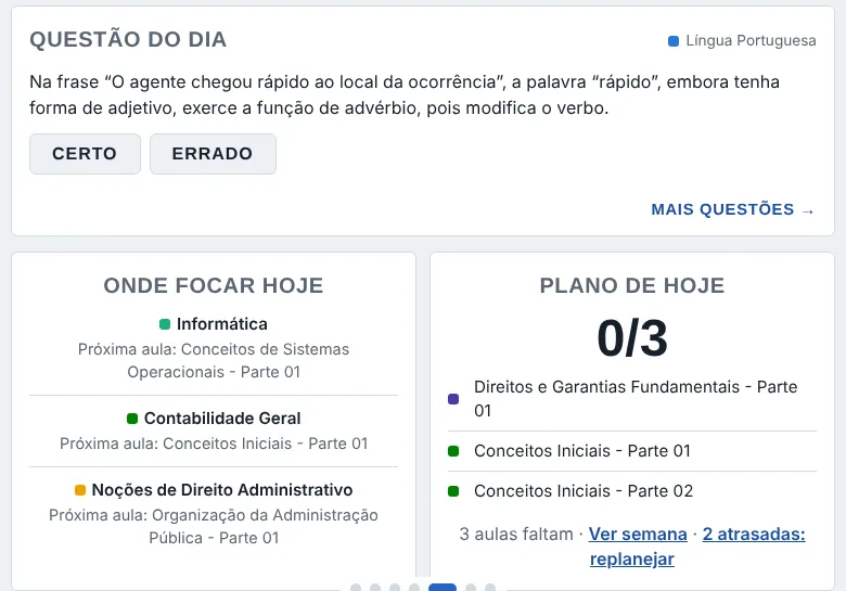 Tela inicial do aluno com o plano de hoje e os números da semana
